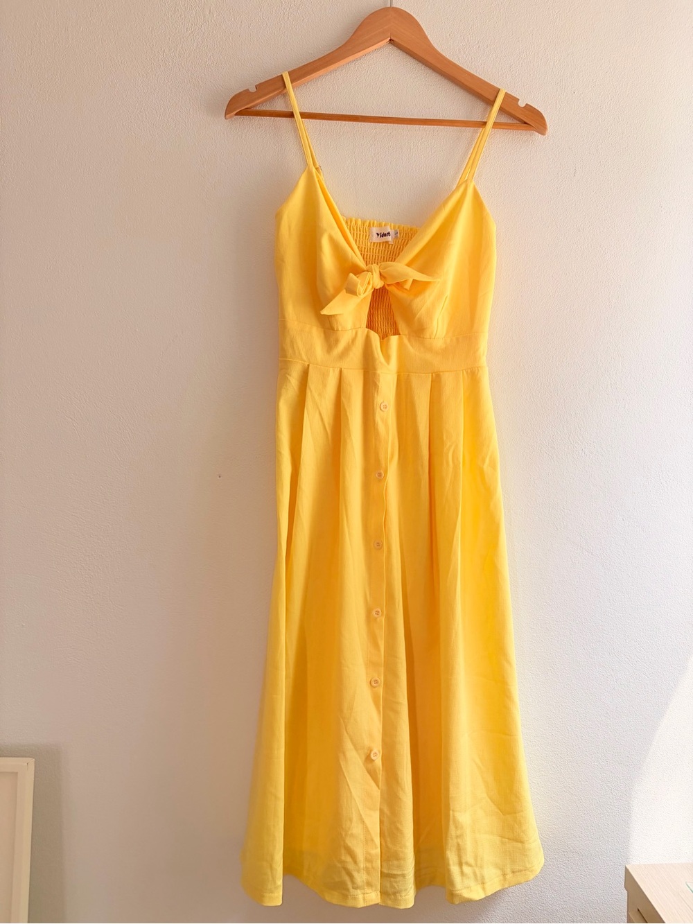 Yidarton Sunny Yellow Tie Front Midi Dress Smocked Back Size L